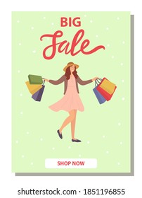 Smiling woman on the postcard cover with shopping bags in her hands. Young beautiful happy girl jumping and picking up multi-colored packages with clothes. Big sale announcement in the store