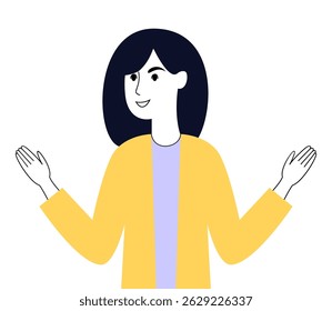 Smiling woman with open arms wearing a yellow jacket.