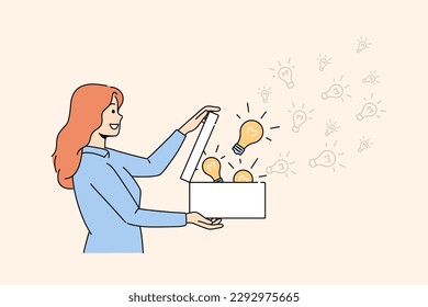 Smiling woman open box full of lightbulbs generate creative business ideas. Happy female share innovative thoughts. Innovation concept. Vector illustration. 