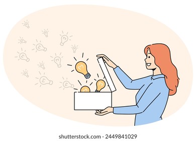 Smiling woman open box full of lightbulbs generate creative business ideas. Happy female share innovative thoughts. Innovation concept. Vector illustration.