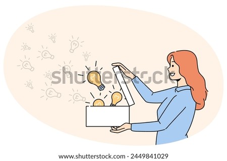 Smiling woman open box full of lightbulbs generate creative business ideas. Happy female share innovative thoughts. Innovation concept. Vector illustration.