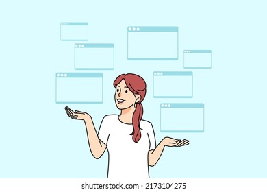 Smiling woman with open browser windows thinking. Happy female software engineer developing project online on computer. Vector illustration. 