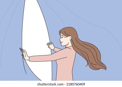 Smiling woman open curtain to new happy life. Female see light satisfied with changes after psychological treatment and session. Vector illustration. 