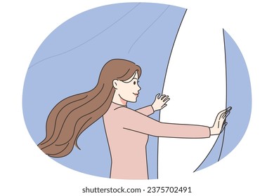 Smiling woman open curtain to new happy life. Female see light satisfied with changes after psychological treatment and session. Vector illustration.