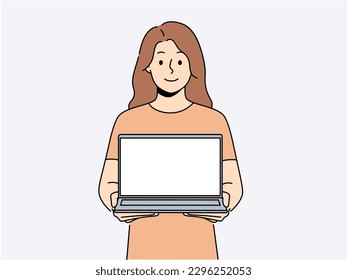 Smiling woman with open laptop. Happy female user with computer with empty mockup screen. Technology and advertising. Vector illustration. 