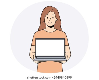 Smiling woman with open laptop. Happy female user with computer with empty mockup screen. Technology and advertising. Vector illustration.