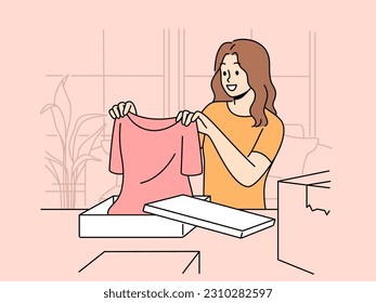 Smiling woman opening parcels with clothes shopping online from home. Excited female buyer unpack boxes with orders from internet shops. Vector illustration. 