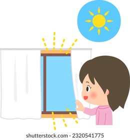 Smiling woman opening window curtains in morning