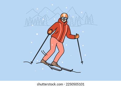 Smiling woman in outerwear skiing on mountain during winter holidays. Happy female skier in helmet and goggles enjoy active holidays outdoors. Vector illustration. 