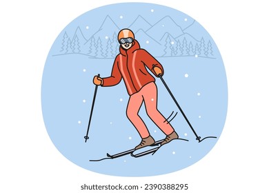 Smiling woman in outerwear skiing on mountain during winter holidays. Happy female skier in helmet and goggles enjoy active holidays outdoors. Vector illustration.