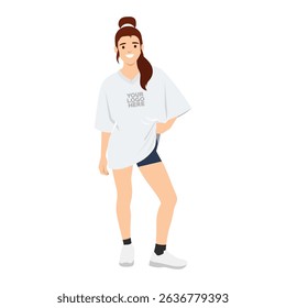 Smiling Woman in Oversized TShirt Mockup. Flat vector illustration isolated on white background