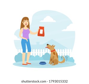 Smiling Woman Owner Feeding her Dog in Backyard Flat Vector Illustration