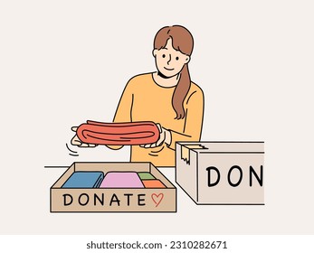 Smiling woman pack clothes in boxes to give for donation or charity. Kind happy girl donate apparel to needy poor people. Volunteering. Vector illustration. 