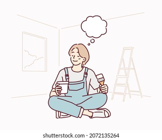 smiling woman painting at home, holding paint brush. Hand drawn style vector design illustrations.