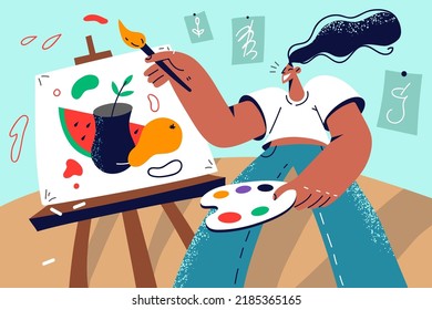 Smiling woman painting picture on easel in artistic studio. Happy girl enjoy drawing engaged in creative art process. Hobby. Vector illustration. 