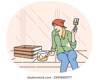 Smiling woman painting wooden box outside of house on terrace. Happy girl renovate decoration engaged in DIY process. Hobby and redecoration. Vector illustration.