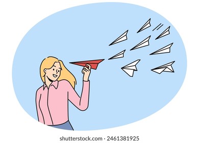 Smiling woman with paper plane in hands. Businesswoman with paperwork airplane of different color. Think differently concept. Vector illustration.