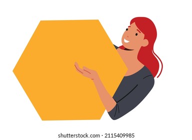 Smiling Woman Peeping From Behind Yellow Hexagon Shape. Stylish Positive Female Character Searching, Peeking or Seeking Something Isolated on White Background. Cartoon People Vector Illustration