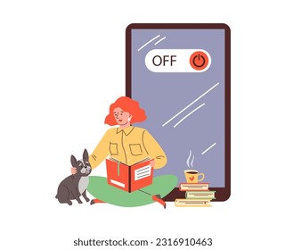 Smiling woman petting dog and reading book flat style, vector illustration isolated on white background. Huge mobile phone with off sign on screen, digital detox, resting character