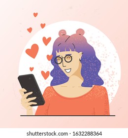 Smiling woman with pink and purple hair in orange clothes and glasses. Girl with mobile phone reads love messages. Female character holding in hand smartphone. Illustration in trendy flat style.