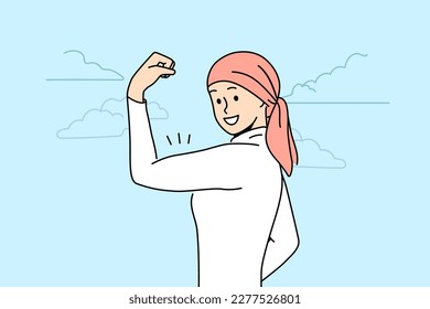 Smiling woman in pink scarf on head show muscles beating cancer. Happy healthy female with headwear overcome oncology. Vector illustration. 