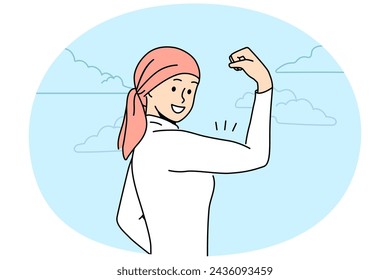 Smiling woman in pink scarf on head show muscles beating cancer. Happy healthy female with headwear overcome oncology. Vector illustration.