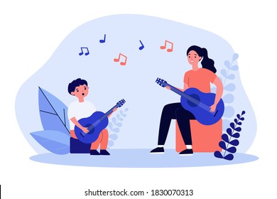 Smiling woman playing guitar with little boy. Song, note, instrument flat vector illustration. Music and entertainment concept for banner, website design or landing web page