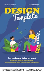 Smiling woman playing guitar with little boy. Song, note, instrument flat vector illustration. Music and entertainment concept for banner, website design or landing web page