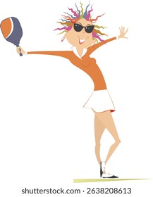 Smiling woman playing pickleball. 
Cheerfulness girl holds pickleball racket. White background
