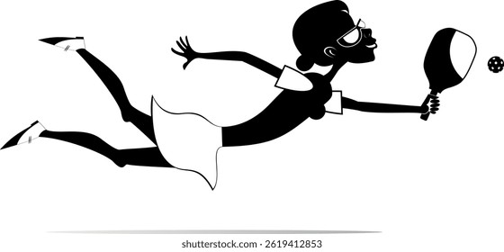Smiling woman playing pickleball. Smiling girl plays pickleball. Black and white illustration	