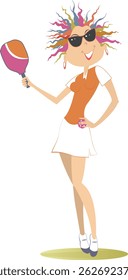 Smiling woman playing pickleball. Smiling girl holds pickleball racket and ball. White background	