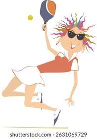 Smiling woman playing pickleball. Smiling girl holds pickleball racket and ball. White background	