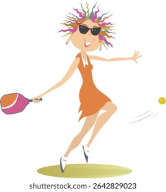 Smiling woman playing pickleball. 
Smiling girl in sunglasses with pickleball racket makes a shot. White background
