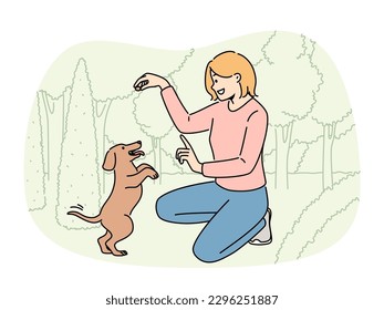 Smiling woman playing with puppy in park. Happy girl have fun learn commands with cute dog in forest. Vector illustration. 