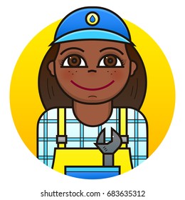 Smiling woman plumber in a protective uniform with wrench, vector illustration in line art style