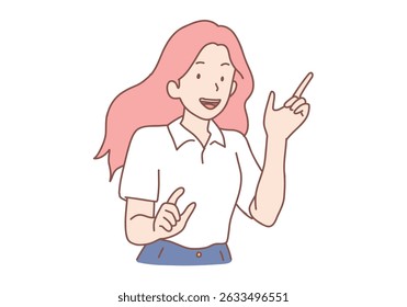 Smiling woman point up at good deal or offer. Happy girl show with fingers up recommend good sale or discount. Copy space. Hand drawn style vector design illustrations.