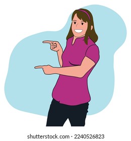 Smiling woman point at good sale deal or offer. Happy girl recommend discount or promotion. Recommendation and client feedback. Vector illustration.