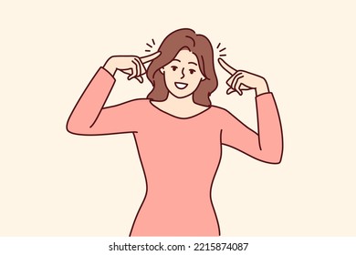 Una mujer sonriente se señala a sí misma sintiéndose exitosa y segura de sí misma. Feliz show femenino en la cabeza con los dedos para generar ideas. Ilustración vectorial. 