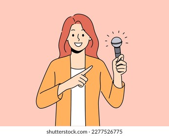 Smiling woman point at microphone holding in hands. Happy female singer or performer demonstrate mic in hands. Hobby and entertainment. Vector illustration. 