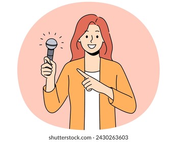 Smiling woman point at microphone holding in hands. Happy female singer or performer demonstrate mic in hands. Hobby and entertainment. Vector illustration.