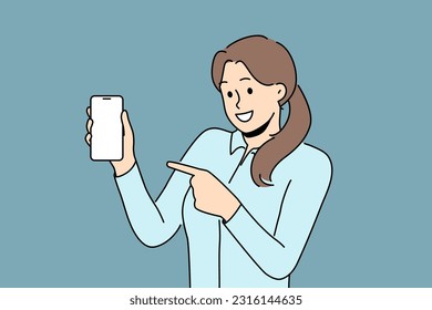 Smiling woman point at mockup screen on cellphone. Happy female show with finger on blank display on smartphone. Technology and advertising. Vector illustration. 