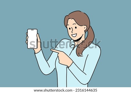 Smiling woman point at mockup screen on cellphone. Happy female show with finger on blank display on smartphone. Technology and advertising. Vector illustration. 