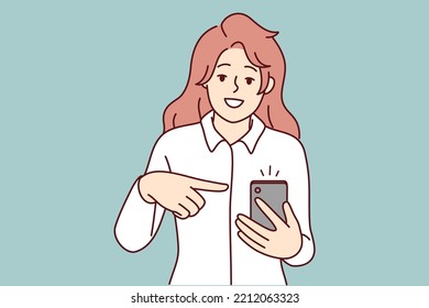 Smiling woman point at notification on cellphone screen. Happy female recommend good sale deal or offer on mobile phone. Vector illustration. 