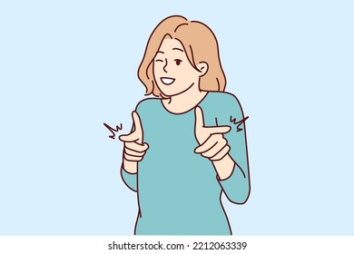 Smiling woman point at screen make choice. Happy female show with fingers at camera make I choose you gesture. Vector illustration. 