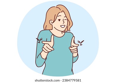 Smiling woman point at screen make choice. Happy female show with fingers at camera make I choose you gesture. Vector illustration.