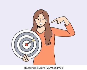 Smiling woman point at shooting target strive for business aim or goal achievement. Happy female employee show at dart motivated for objective or success. Vector illustration. 