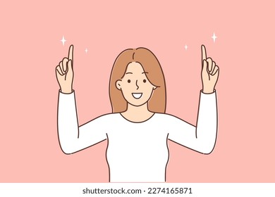 Smiling woman point upward recommend good sale deal or offer. Happy girl show up on discount or promotion. Vector illustration. 