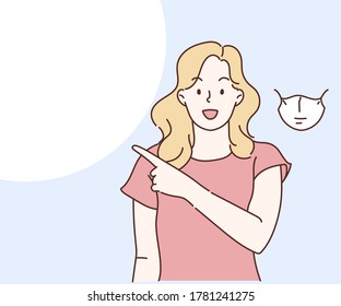 Smiling woman pointing finger at copy space, concept of Suggestions for you. Hand drawn in thin line style, vector illustration. (A Mask can be removable)