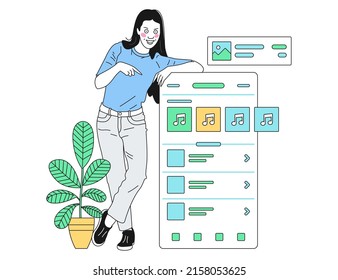 Smiling woman pointing with finger at model of smartphone, UI UX Flow, Wireframe design, outline illustration.