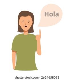 Smiling woman pointing finger up, learning spanish language, speech bubble with greeting word